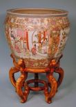 Large Chinese Porcelain Famille Rose Fish Bowl with Rosewood Stand
