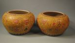 Pair of Chinese Yellow Ground Famille Rose Bulb Pots c1920
