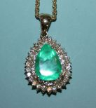 Ladies 14k Gold Emerald and Diamond Pendant and Chain
