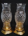 Pair of Brass Hurricane Lamps with Cut Glass Shades