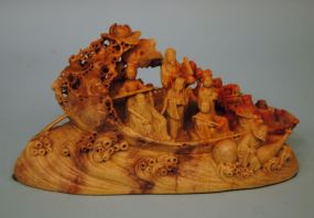 Large Chinese Carved Shou Shan Mountain Stone Boat with 8 Immortals