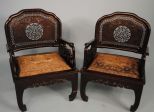 Pair Chinese Mandarin Teak Chairs with Pierced Backs