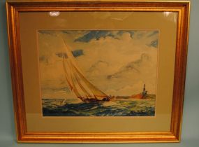 Y. E. Soderberg Watercolor of Sailboat and Lighthouse