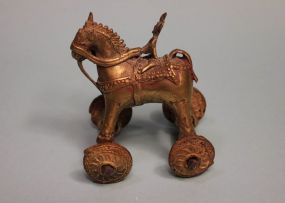 Early Brass Indian God on Wheeled Horse Temple Toy