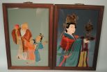 Pair 19th Century Chinese Eglomise Reverse Paintings on Glass