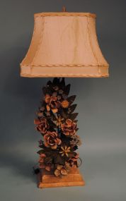 Decorative Tin Painted Flowers on Marble Base-Made into Lamp, Fabric Shade