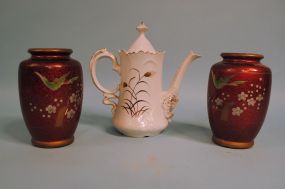 Pair of Red Lacquer Vases and Pitcher