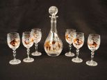 Intaglio Cut Amber to Clear Crystal Decanter with Six Stems