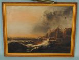 Lighted English Sea Side Painting of Castle, and Boats