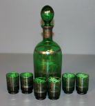 Green Glass with Silver Overlay Decanter and Six Cups
