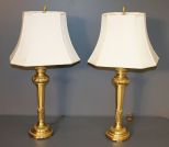 Pair of Satin Brass Contemporary Lamps with Shades
