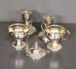 Pair Candlesticks and Sterling Creamer and Sugar