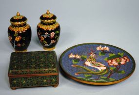 Cloisonne Plate, 1920s Chinese Cloisonne Box and Pair of Cloisonne Vases