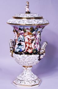 Large Bernini Capodimonte Covered Urn with Dionysian Scenes