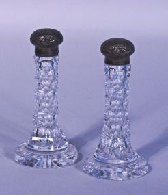 Signed Clark American Brilliant Cut Glass Salt & Pepper Shakers w/ Sterling Lids,