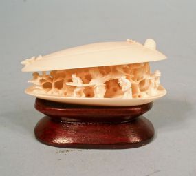 Chinese Carved Ivory Clam Shell w/ Miniature Interior Scene