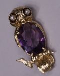 14k Yellow Gold Owl Pin w/ 2 Pearls & 17 Garnets