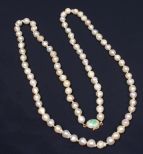 Pearl Necklace Strand w/ 84 Baroque Pearls, 14k & Jade Clasp