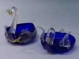Pair of Venetian Art Glass Cobalt Blue Swan Dishes by Aureliano Toso