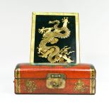 Chinese Lacquer Plaque & Leather Box, both w/ Dragons