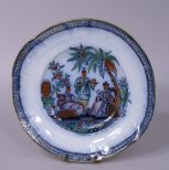 Staffordshire Flow Blue Platter w/ Polychrome Decoration