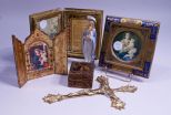 Group of Florentine Religious Items, Bisque Madonna, and a Brass Crucifixion Cross