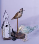 Hand Carved Folk Art Decoy, signed NM 1984, together w/ a Funny Pelican, a Chinese Carved Horn Bird, and a Handcrafted Church Birdhouse