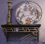 Chinese Brass & Mahogany Plate Shelf, Chinese Porcelain Warriors Plate, and a Brass Candlestick