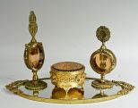 Gold Filigree Perfume Bottles & Jewelry Box on a Mirror Plateau, 4 Items Total