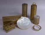 Group of Seven Gold Filigree Powder Room Accessories