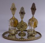 Gold Filigree Perfume Bottles, Vases, Mirror Plateau, 6 items total