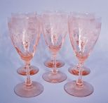Set of Six Heisey Flamingo Old Dominion Water Goblets with Empress Etch