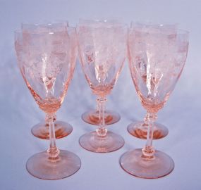 Set of Six Heisey Flamingo Old Dominion Water Goblets with Empress Etch