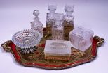 Collection of Crystal Ladies Dresser Items on a Gilt Florentine Tray, 8 items Total