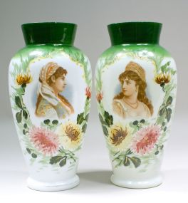Pair of English Bristol Glass Portrait Vases