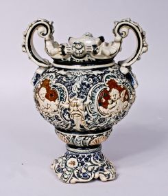 German Salt Glaze Stoneware Blue & Polychrome Urn