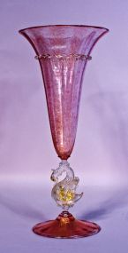 Tall Venetian Art Glass Trumpet Vase w/ Swan Stem