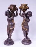 Pair of French Bronze Cherub Candlesticks