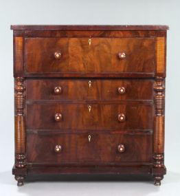 American Sheraton Figured Maple, Cherry and Figured Walnut Bonnet Chest