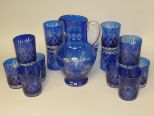 Bohemian Cobalt Blue Pitcher with Set of 12 Glasses