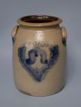 American Blue- and Gray-Glazed Stoneware Two-Handled Churn