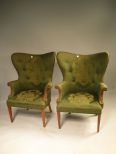 Matching Wide Back Green Upholstered Wing Chairs