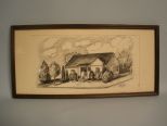 Charcoal of House with Dog on Porch, Signed, 1960