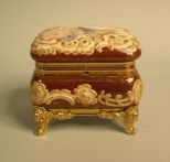 Fine Gilt-Brass-Mounted and Parcel-Gilt Wave Crest Opal Glass Footed Jewel Casket