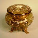 Brass-mounted enameled amber crystal circular footed jewel casket