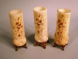 Trio of Gilt-Brass-Mounted Wave Crest Opal Glass Cylindrical Footed Garniture Vases