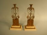 Pair of American Single Light Gilt-Brass and Gray/White Marble Garnitures