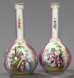 Pair of Adolph Hamann, Dresden, Polychromed Mulberry and White Porcelain Paneled Long-Neck Garniture Vases