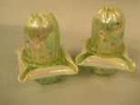 Pair of Fenton opalescent green Fairy lamps with hand painted floral design.