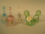 Set of 3 hand painted Fenton bells/Pair of opalescent green Fenton ducks with hand painted floral design.